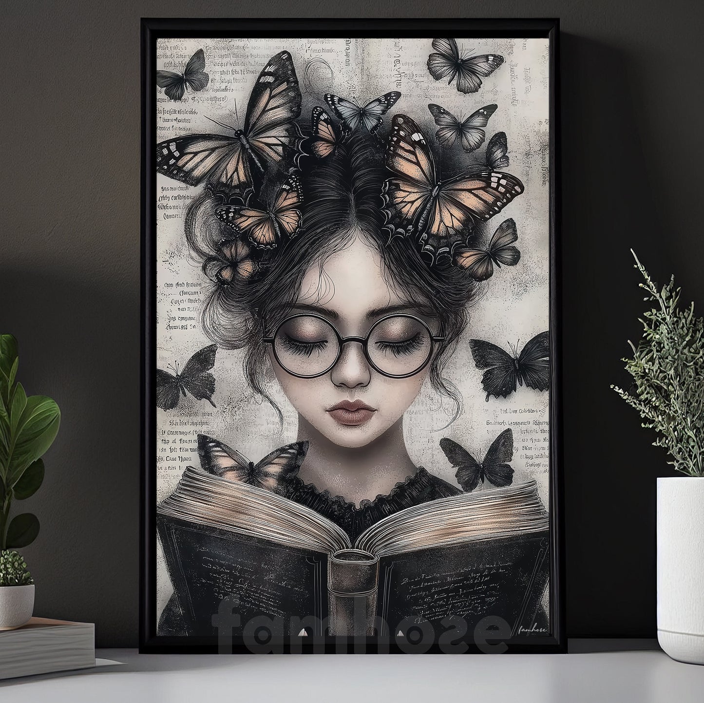 Reading Girl Canvas Painting, Dark Academia Reading Girl Wall Art Decor, Poster Gift For Book Lover