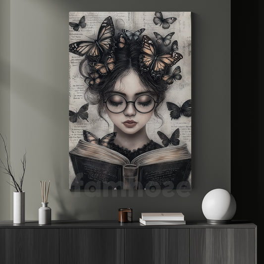 Reading Girl Canvas Painting, Dark Academia Reading Girl Wall Art Decor, Poster Gift For Book Lover