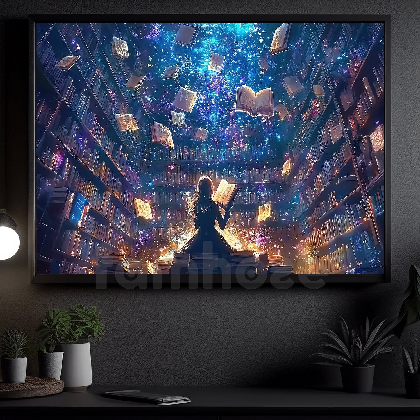 Reading Books Canvas Painting, Girl In Magical Library Wall Art Decor, Poster Gift For Book Lovers