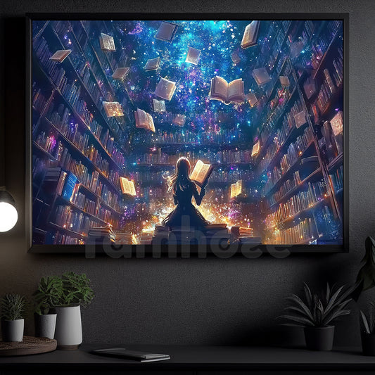 Reading Books Canvas Painting, Girl In Magical Library Wall Art Decor, Poster Gift For Book Lovers