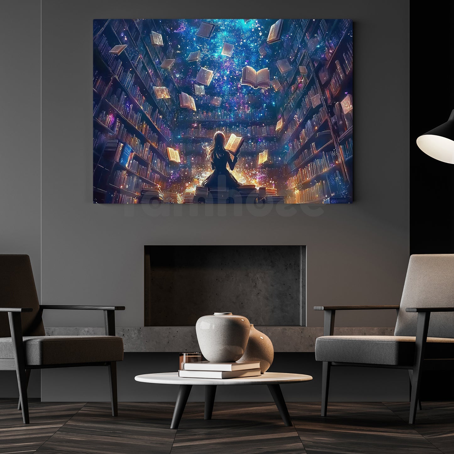 Reading Books Canvas Painting, Girl In Magical Library Wall Art Decor, Poster Gift For Book Lovers