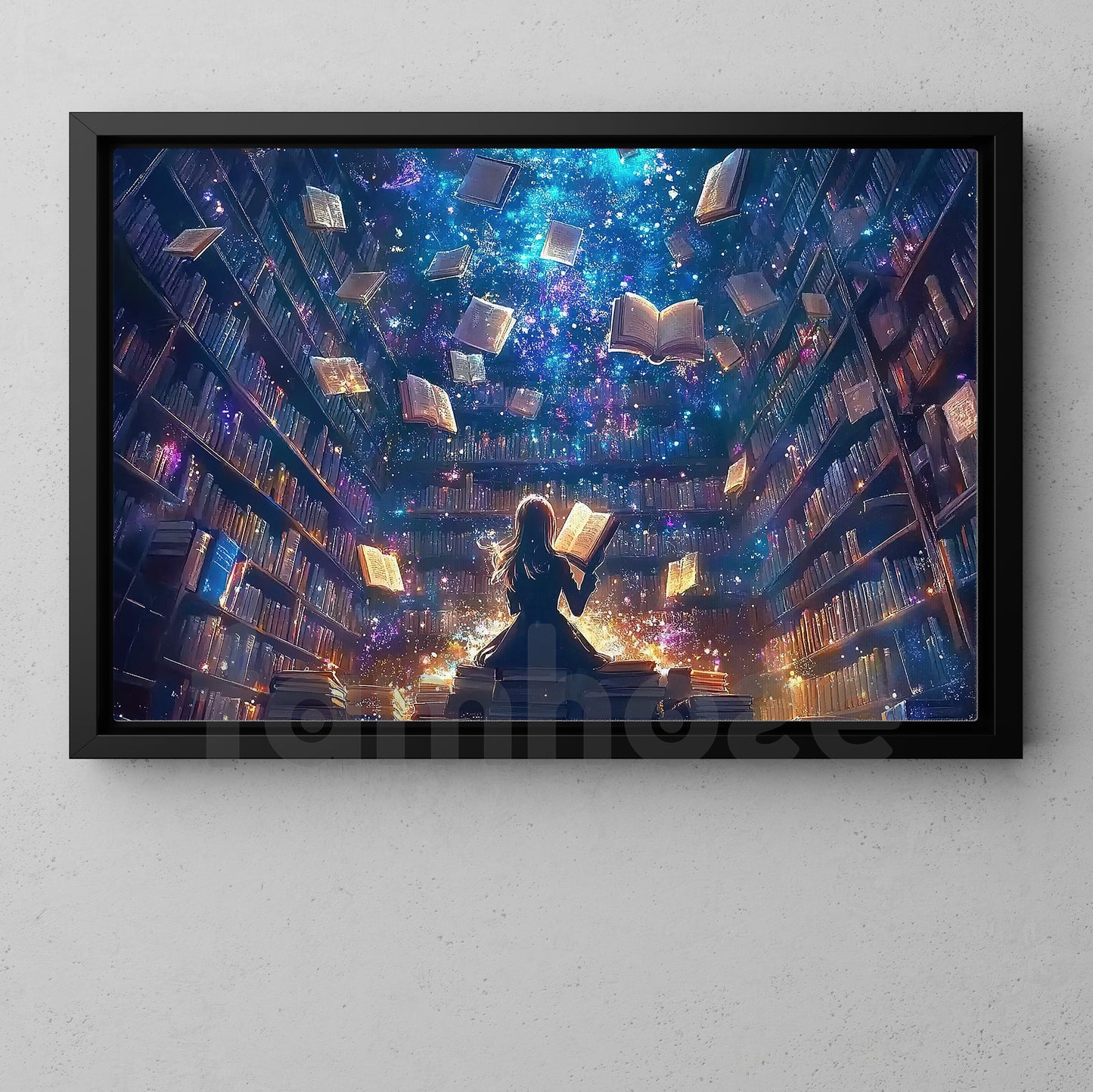 Reading Books Canvas Painting, Girl In Magical Library Wall Art Decor, Poster Gift For Book Lovers