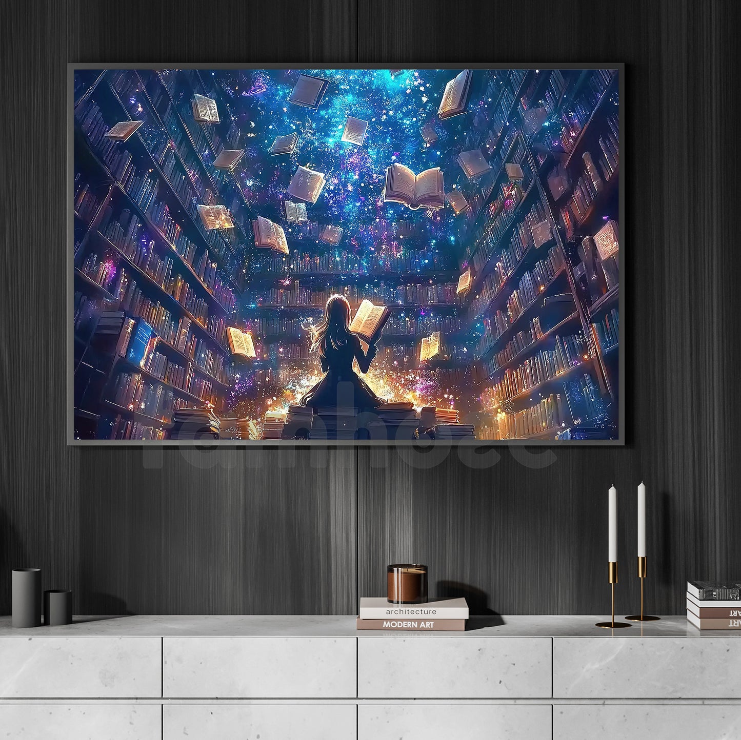 Reading Books Canvas Painting, Girl In Magical Library Wall Art Decor, Poster Gift For Book Lovers
