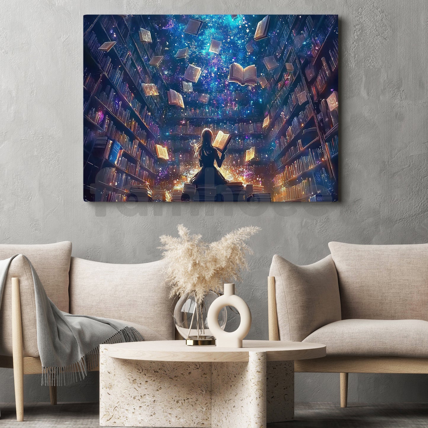 Reading Books Canvas Painting, Girl In Magical Library Wall Art Decor, Poster Gift For Book Lovers