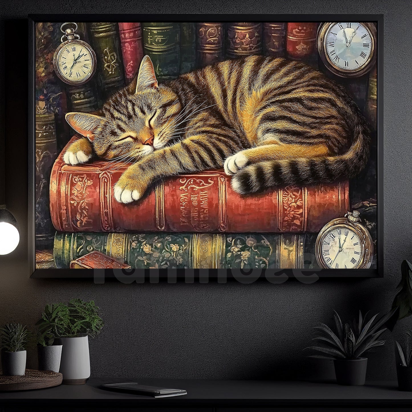 Books Canvas Painting, Sleeping Cat On Books Wall Art Decor, Poster Gift For Reading Lovers, Cat Lovers