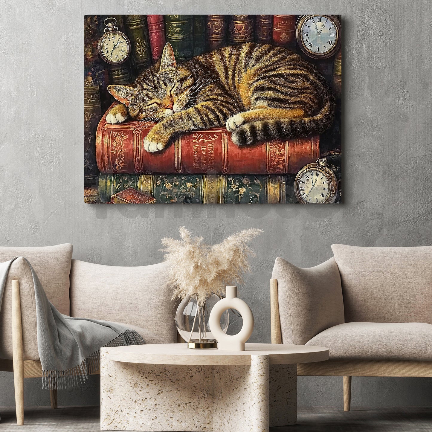 Books Canvas Painting, Sleeping Cat On Books Wall Art Decor, Poster Gift For Reading Lovers, Cat Lovers