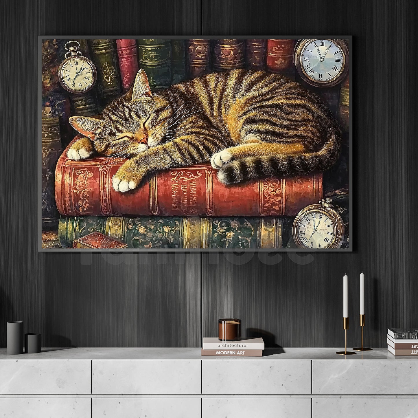 Books Canvas Painting, Sleeping Cat On Books Wall Art Decor, Poster Gift For Reading Lovers, Cat Lovers