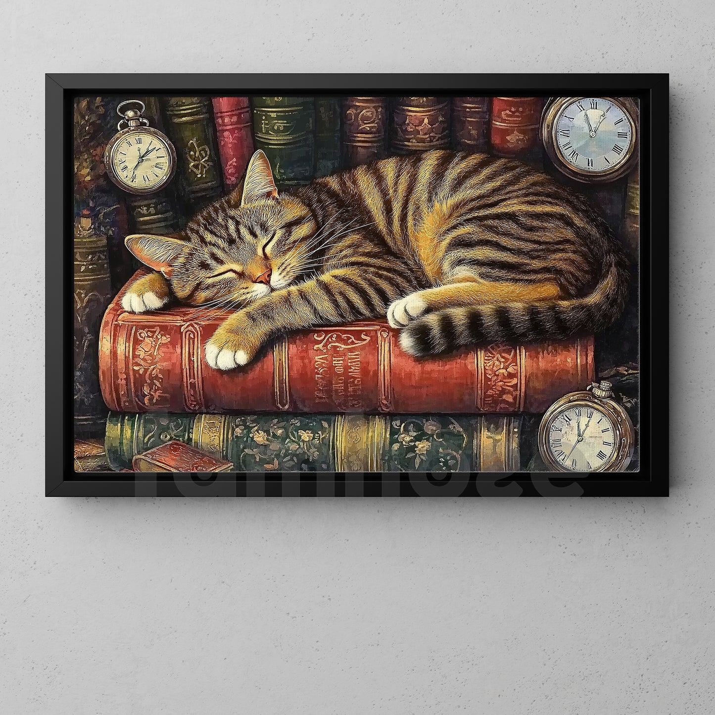 Books Canvas Painting, Sleeping Cat On Books Wall Art Decor, Poster Gift For Reading Lovers, Cat Lovers