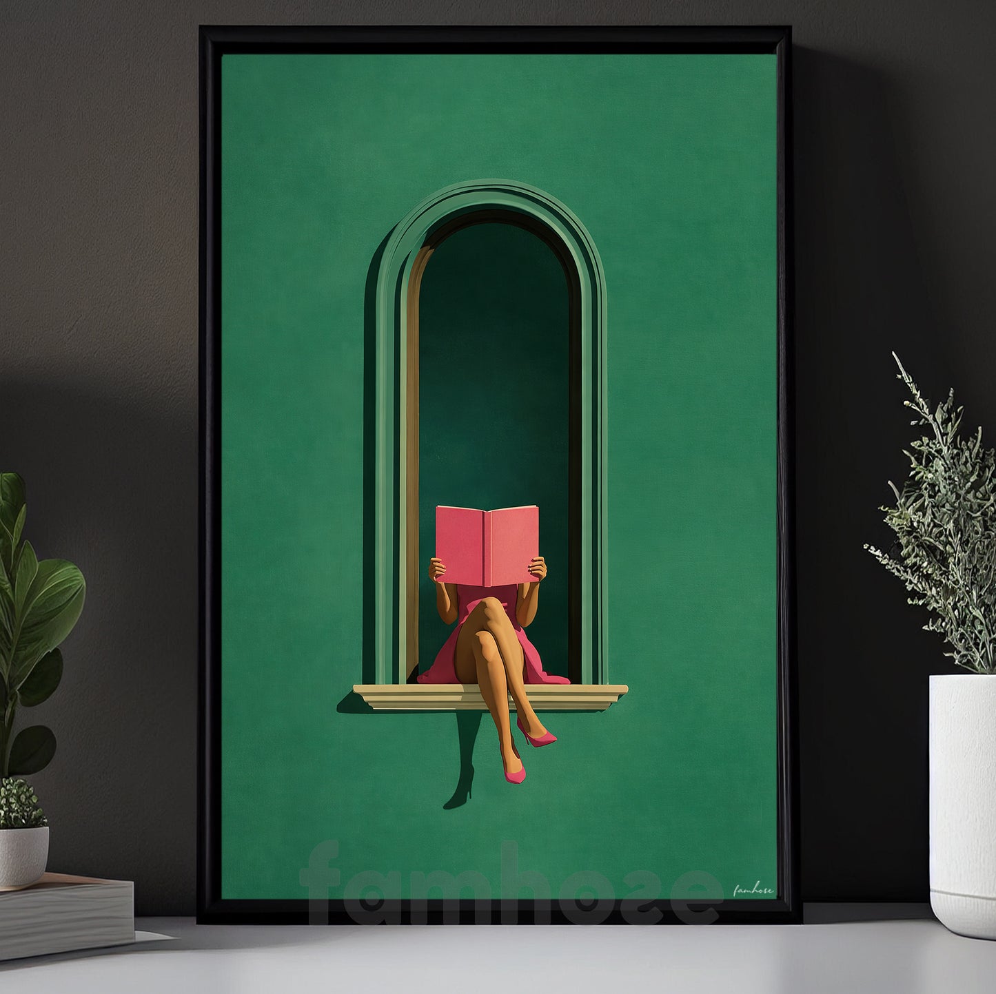 Minimalist Reading Woman Canvas Painting, Modern Green Arch Book Lover Wall Art Decor, Poster Gift For Book Lover