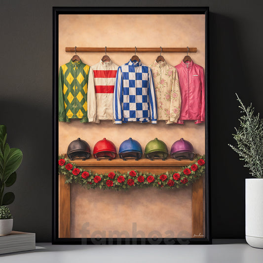 Kentucky Derby Day Canvas Painting, Jockey Silks and Helmets Wall Art Decor, Poster Gift For Horse Racing Lovers, Fan Of Kentucky Derby