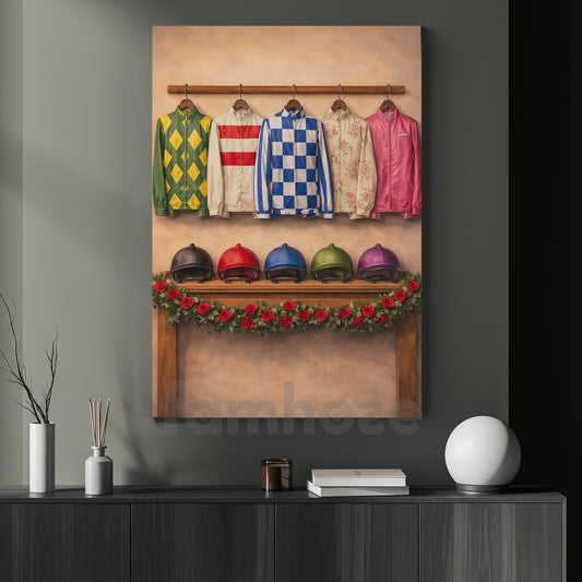 Kentucky Derby Day Canvas Painting, Jockey Silks and Helmets Wall Art Decor, Poster Gift For Horse Racing Lovers, Fan Of Kentucky Derby
