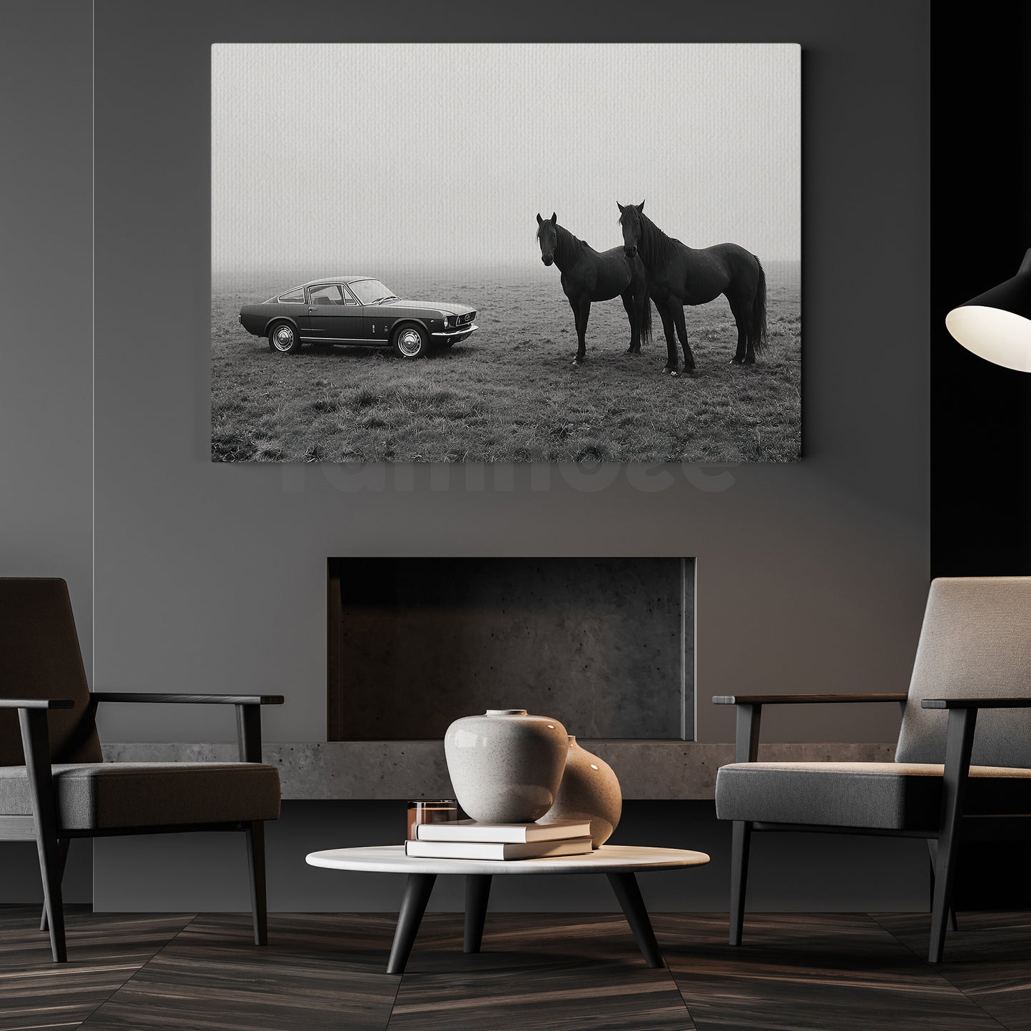 Black And White Horse Canvas Painting, Horse And Classic Car Wall Art Decor, Poster Gift For Horse Lover