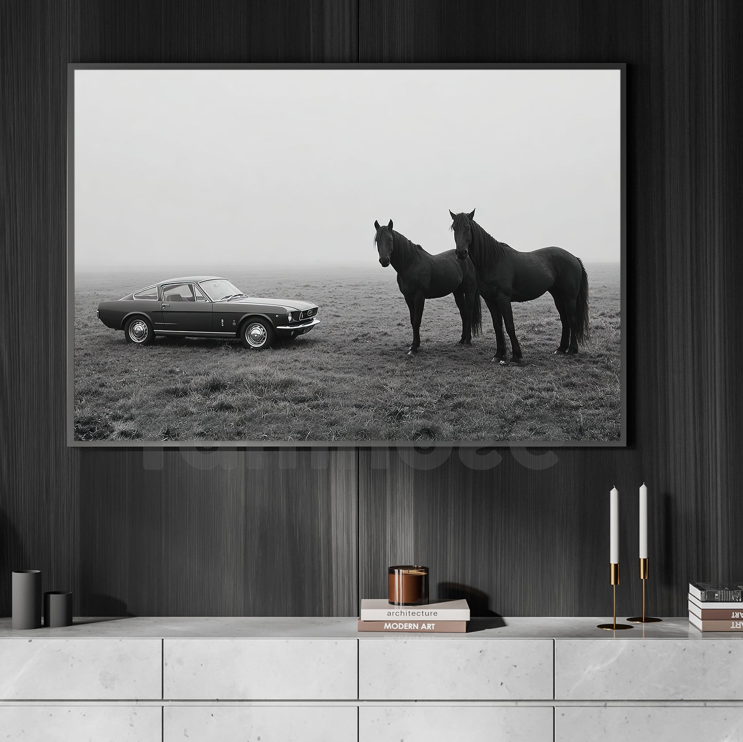 Black And White Horse Canvas Painting, Horse And Classic Car Wall Art Decor, Poster Gift For Horse Lover