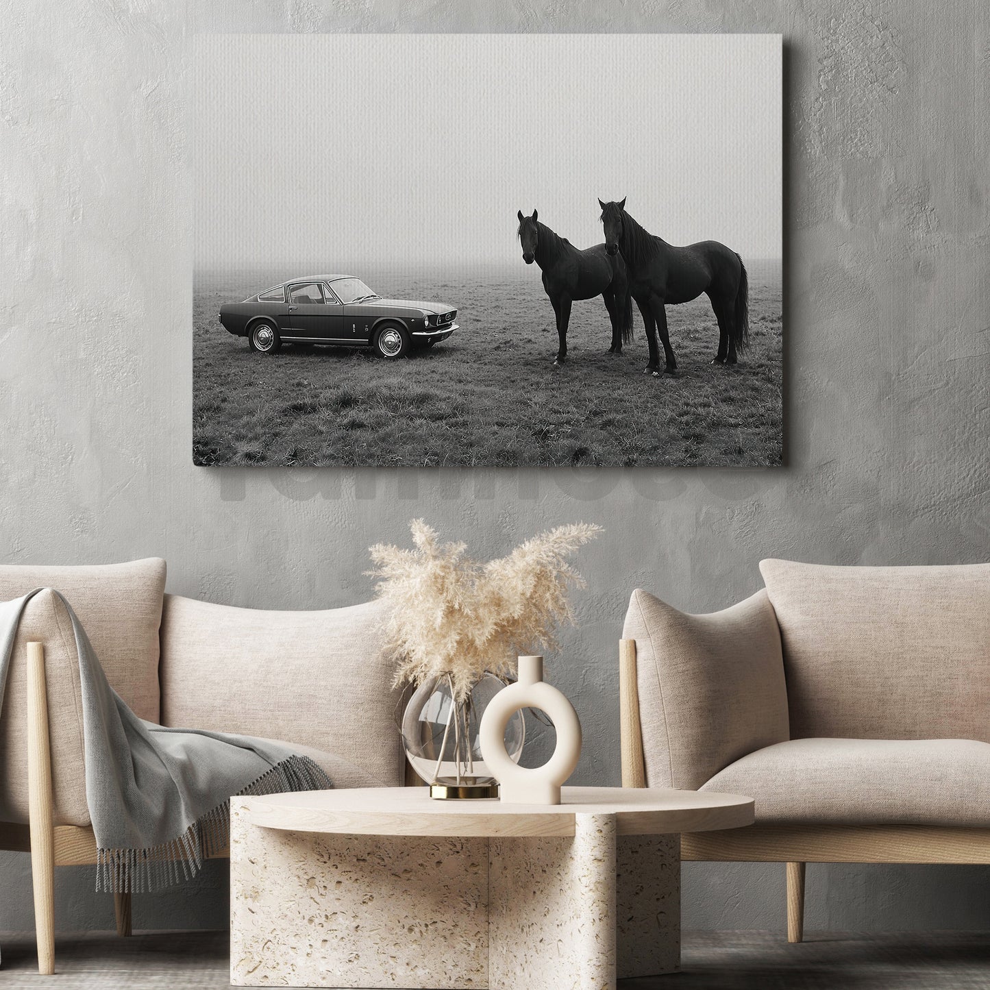 Black And White Horse Canvas Painting, Horse And Classic Car Wall Art Decor, Poster Gift For Horse Lover