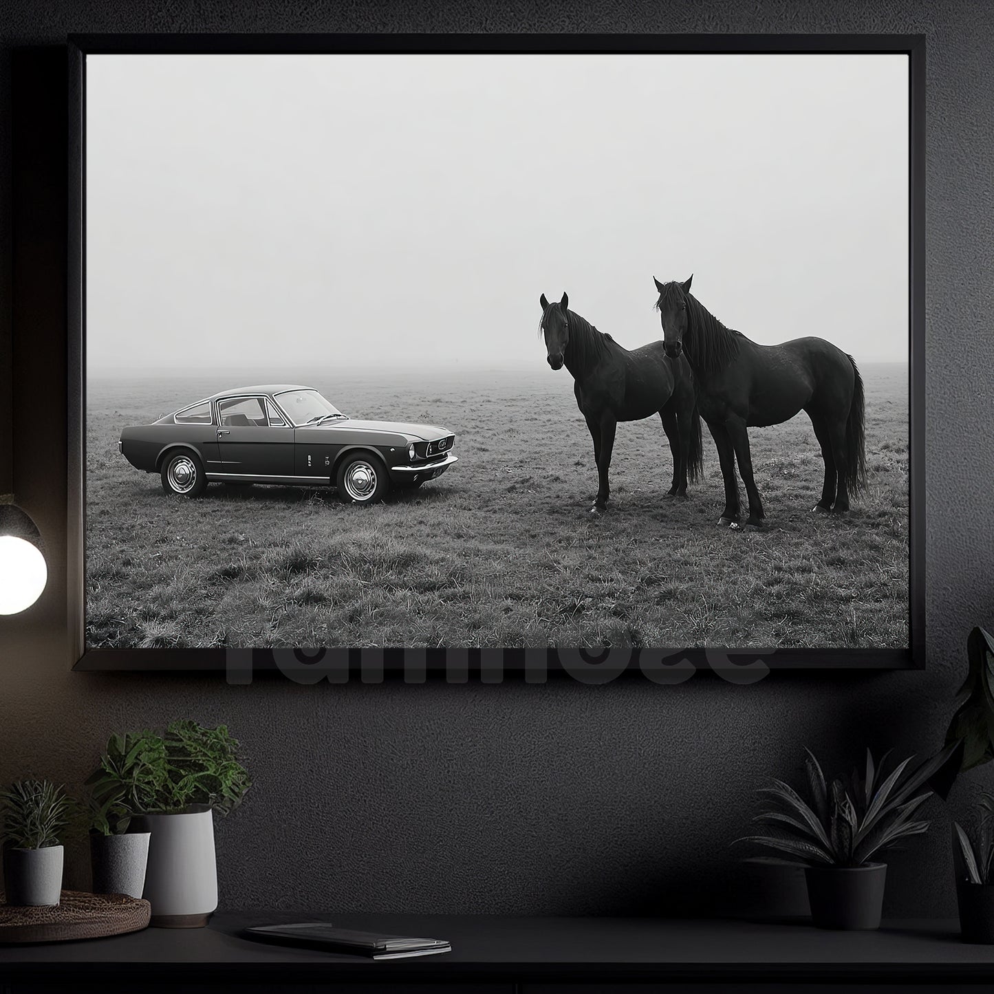 Black And White Horse Canvas Painting, Horse And Classic Car Wall Art Decor, Poster Gift For Horse Lover