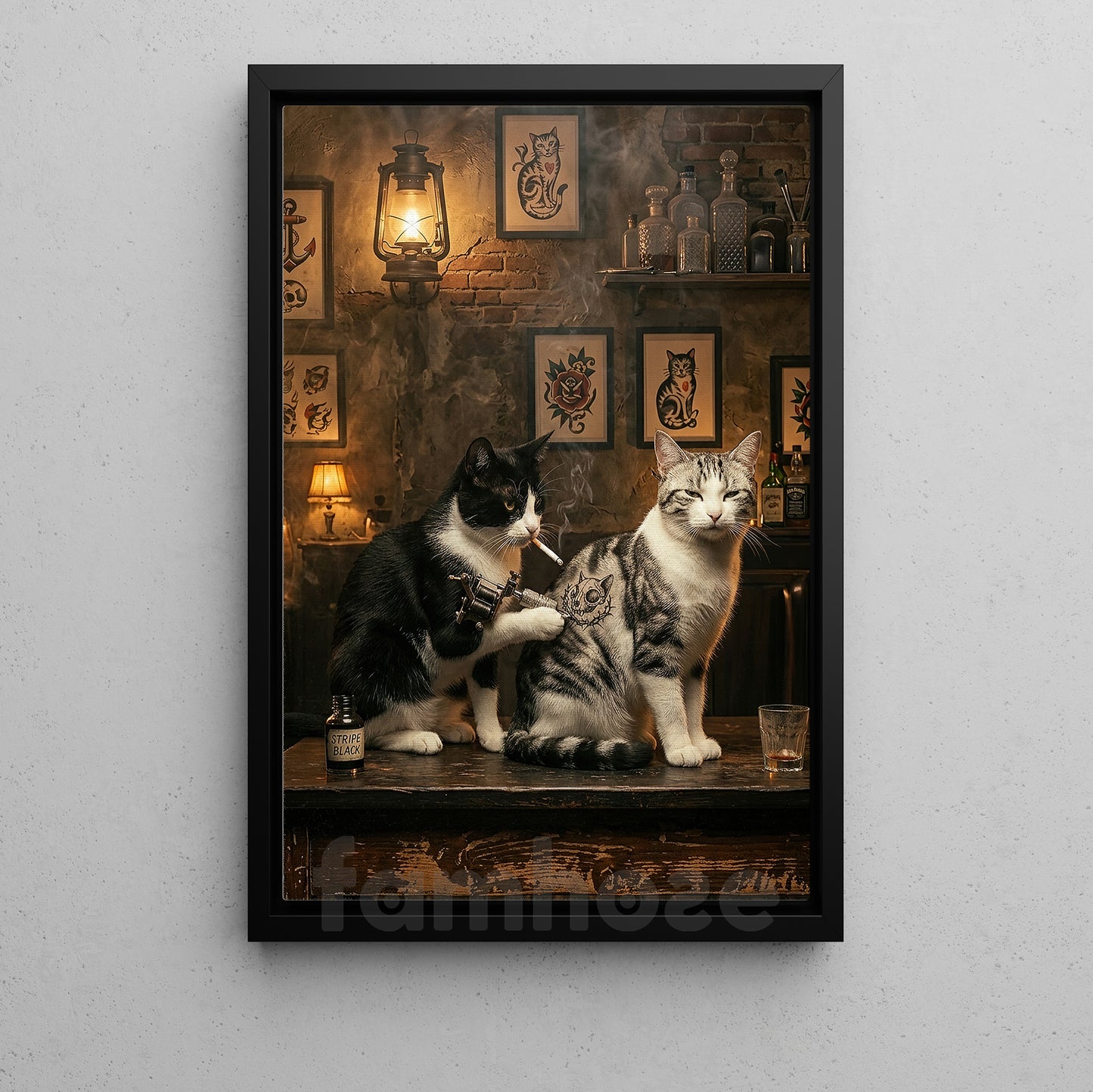 Funny Tattoo Cat Canvas Painting, Cat Tattoo Artist Wall Art Decor, Poster Gift For Cat Lovers