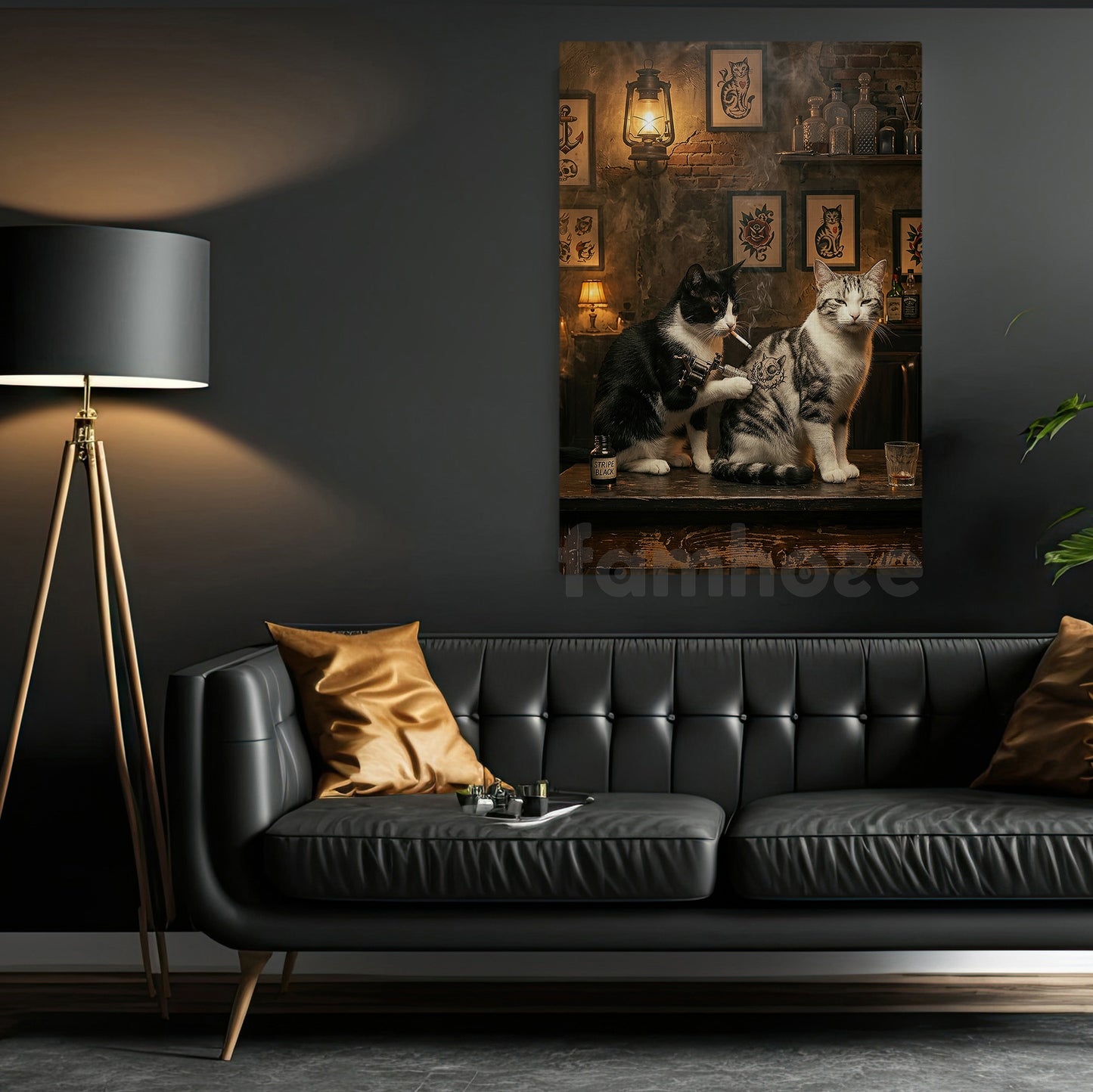 Funny Tattoo Cat Canvas Painting, Cat Tattoo Artist Wall Art Decor, Poster Gift For Cat Lovers