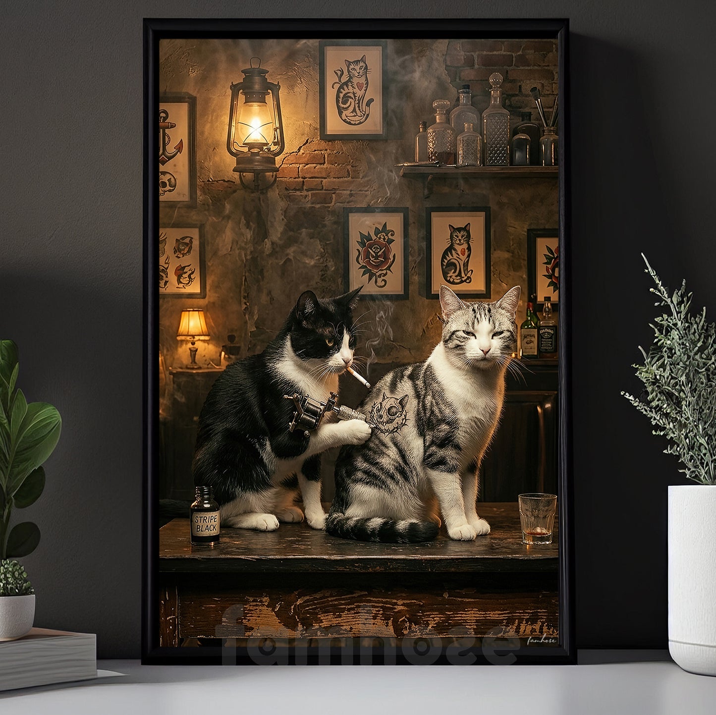 Funny Tattoo Cat Canvas Painting, Cat Tattoo Artist Wall Art Decor, Poster Gift For Cat Lovers