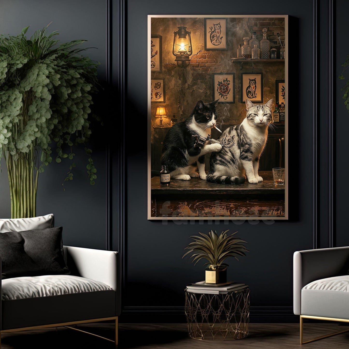 Funny Tattoo Cat Canvas Painting, Cat Tattoo Artist Wall Art Decor, Poster Gift For Cat Lovers