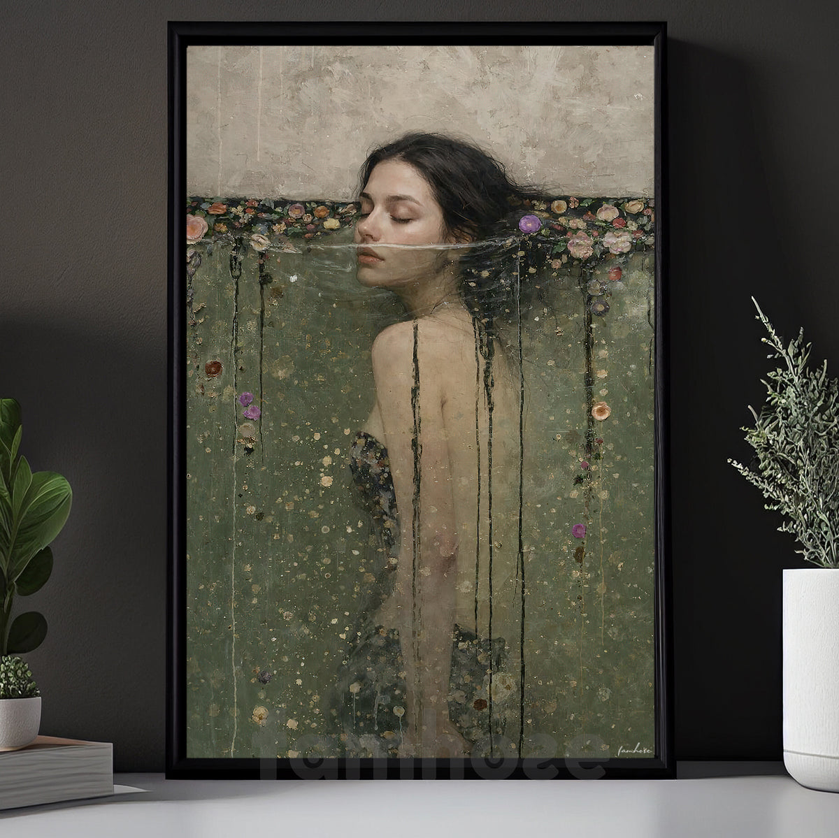 Woman In Water Canvas Painting, Between Water And Flowers Wall Art Decor, Poster Gift For Moody Feminine Bedroom