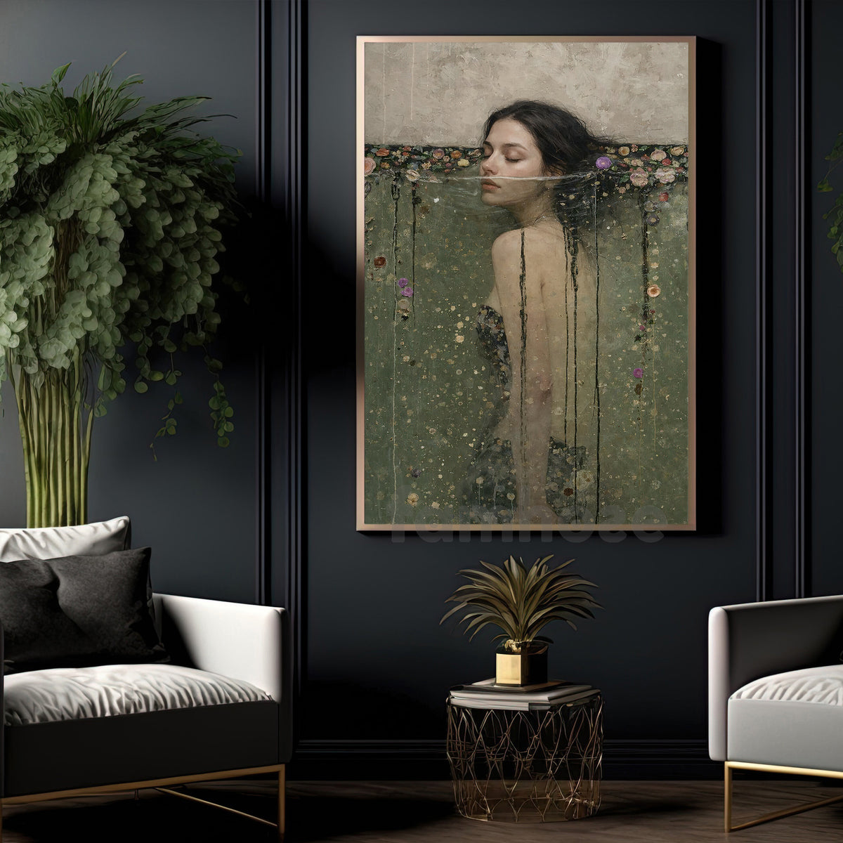 Woman In Water Canvas Painting, Between Water And Flowers Wall Art Decor, Poster Gift For Moody Feminine Bedroom