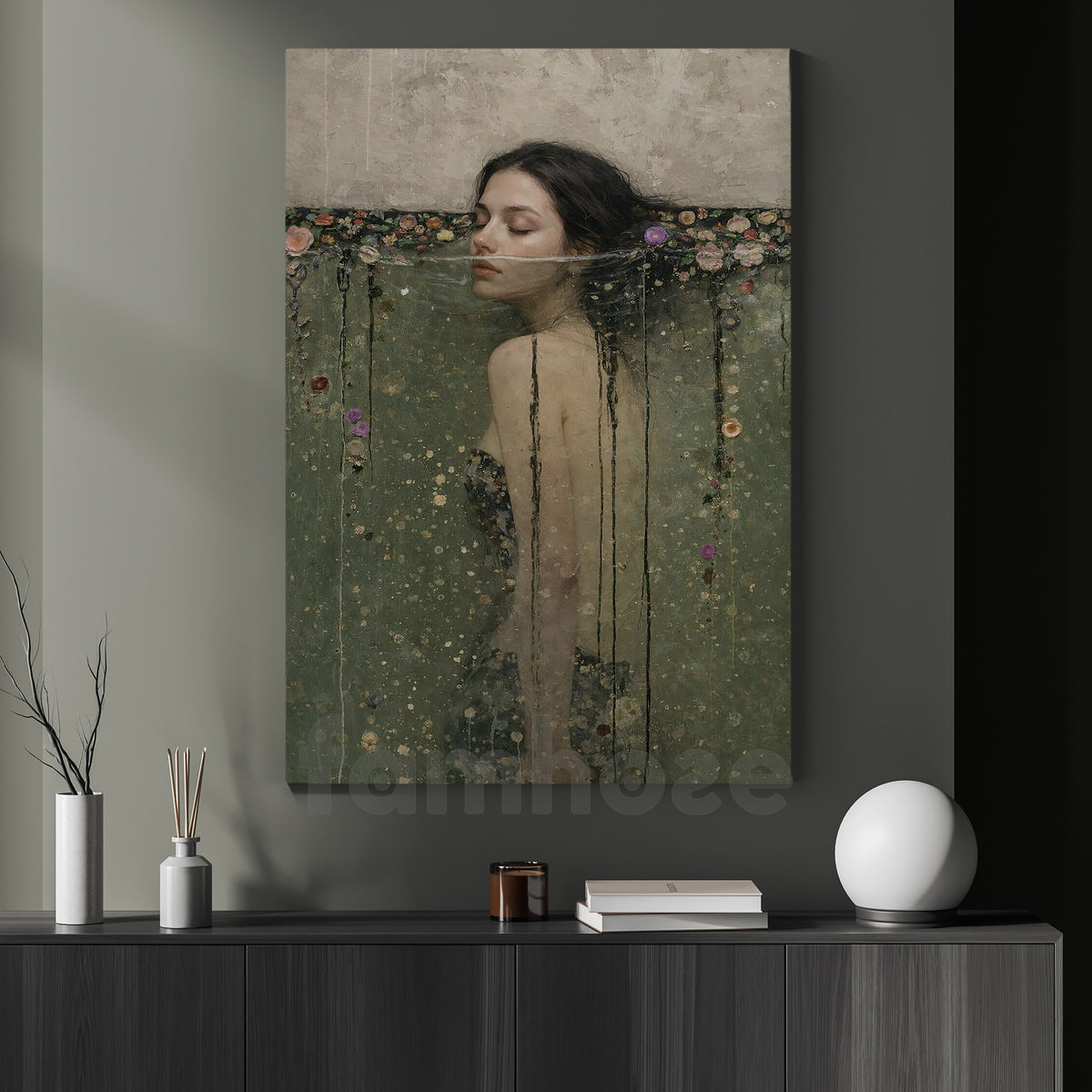 Woman In Water Canvas Painting, Between Water And Flowers Wall Art Decor, Poster Gift For Moody Feminine Bedroom