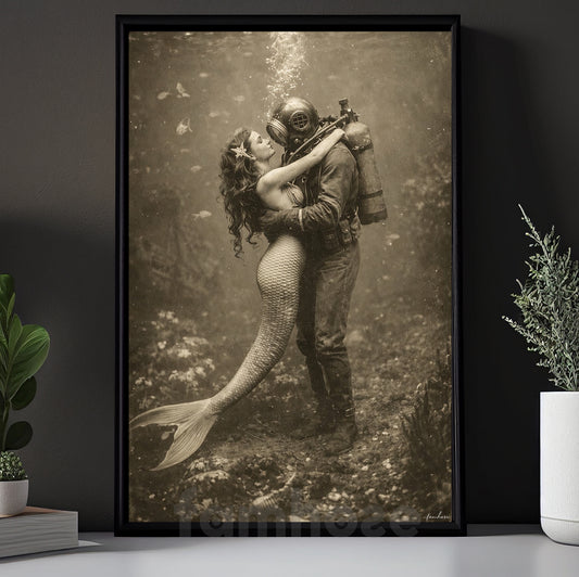 Vintage Mermaid Scuba Diving Canvas Painting, Underwater Mermaid Love Wall Art Decor, Poster Gift For Mermaid Lover