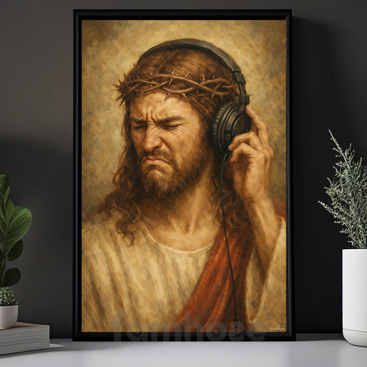 Jesus Listening To Music Canvas Painting, Funny Religious Wall Art Decor, Poster Gift For Music Lovers