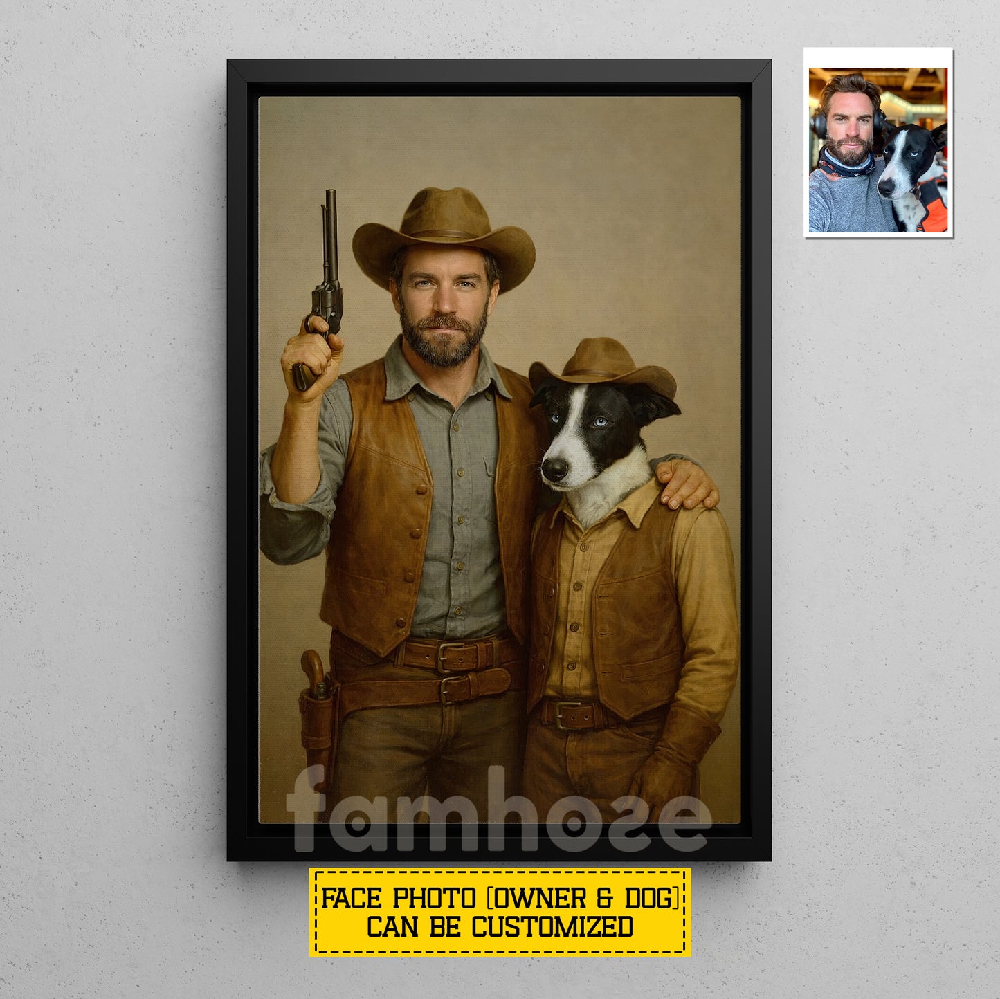 Personalized Cowboy & Dog Canvas Painting, Western Style Portrait Wall Art Decor, Poster Gift For Cowboys, Dog Lovers