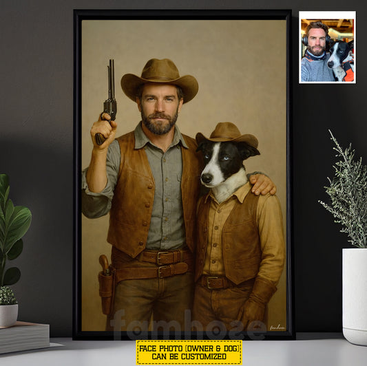 Personalized Cowboy & Dog Canvas Painting, Western Style Portrait Wall Art Decor, Poster Gift For Cowboys, Dog Lovers