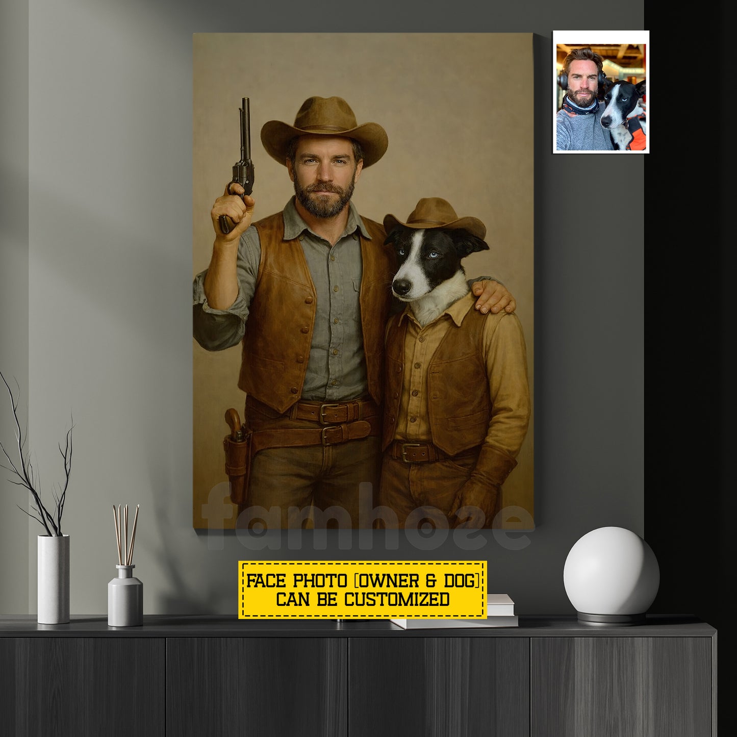 Personalized Cowboy & Dog Canvas Painting, Western Style Portrait Wall Art Decor, Poster Gift For Cowboys, Dog Lovers