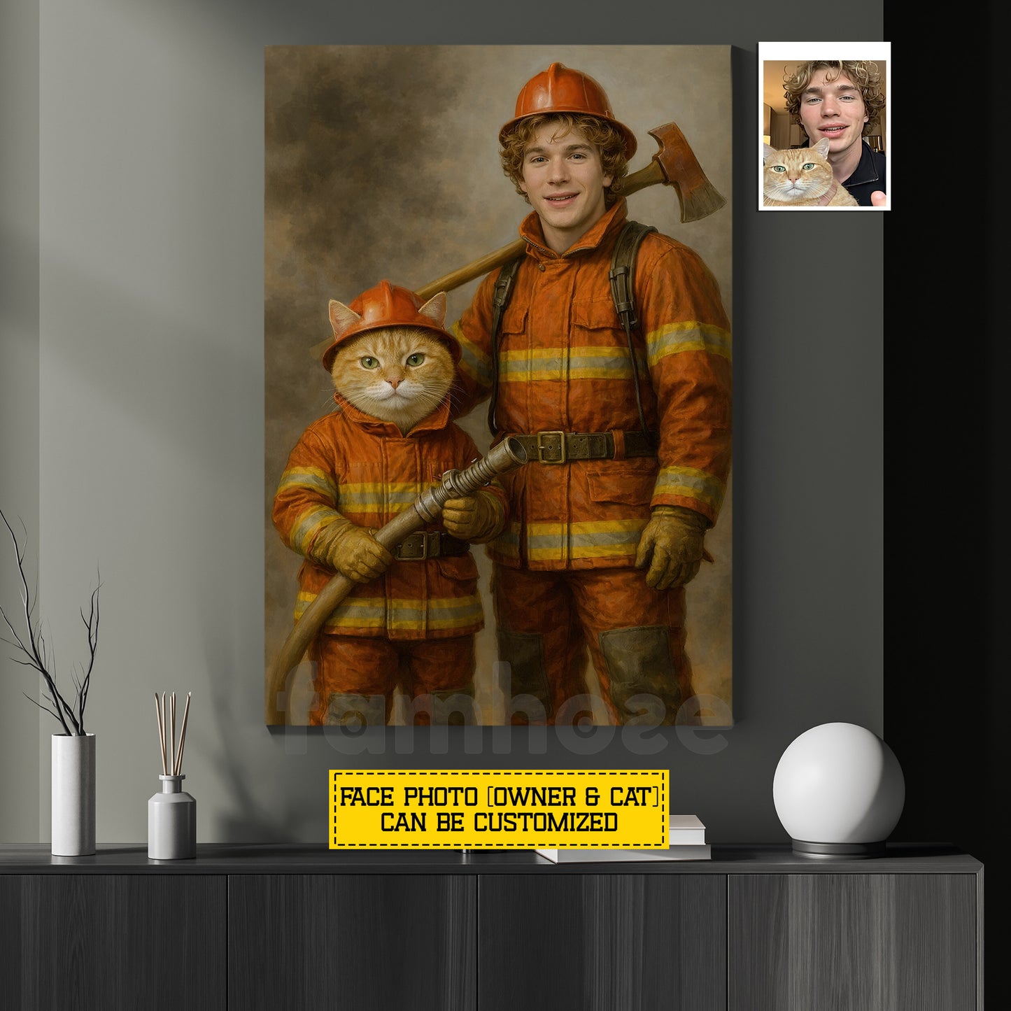 Personalized Firefighter & Cat Canvas Painting, Custom Firefighter Cat Portrait Wall Art Decor, Poster Gift For Firefighter & Cat Lovers