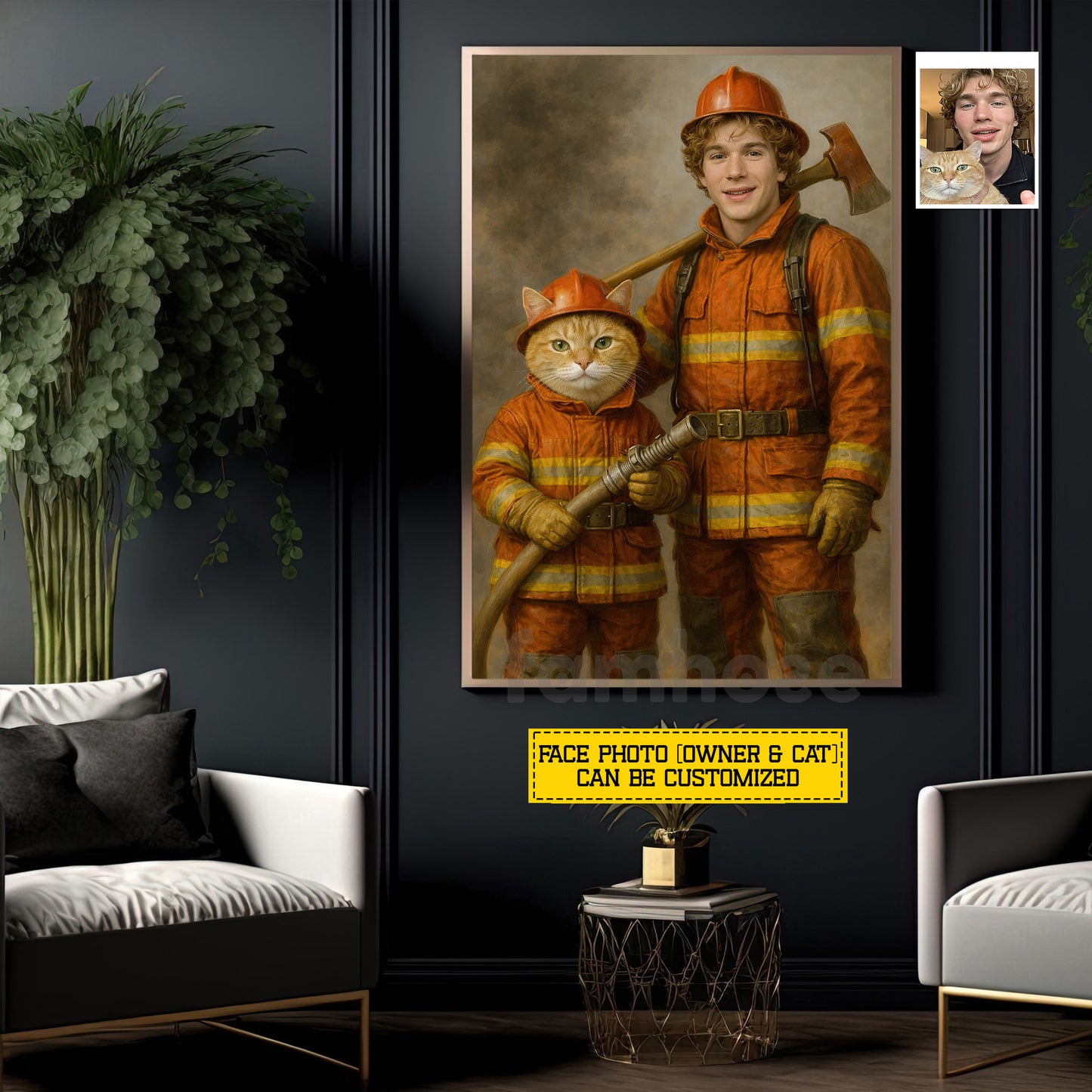 Personalized Firefighter & Cat Canvas Painting, Custom Firefighter Cat Portrait Wall Art Decor, Poster Gift For Firefighter & Cat Lovers