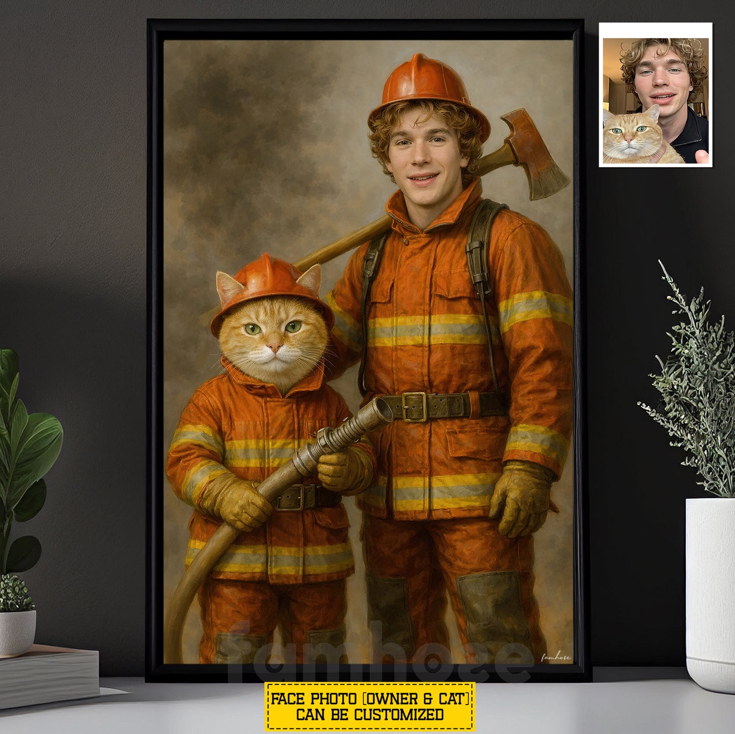 Personalized Firefighter & Cat Canvas Painting, Custom Firefighter Cat Portrait Wall Art Decor, Poster Gift For Firefighter & Cat Lovers