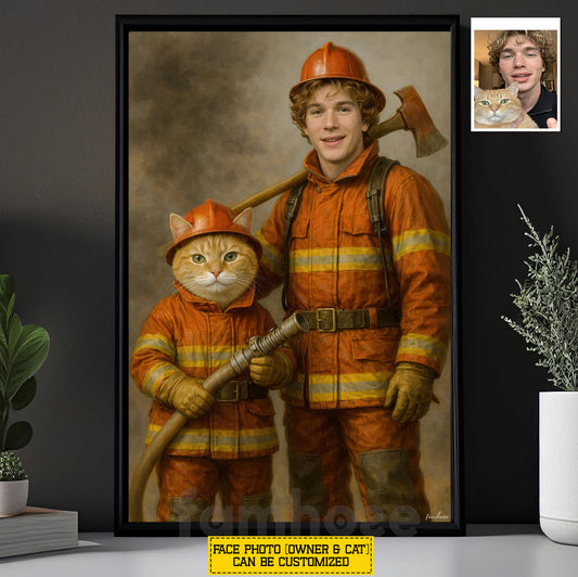 Personalized Firefighter & Cat Canvas Painting, Custom Firefighter Cat Portrait Wall Art Decor, Poster Gift For Firefighter & Cat Lovers