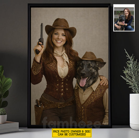 Personalized Cowgirl & Dog Canvas Painting, Western Style Pet Portrait Wall Art Decor, Poster Gift For Cowgirl, Dog Lovers