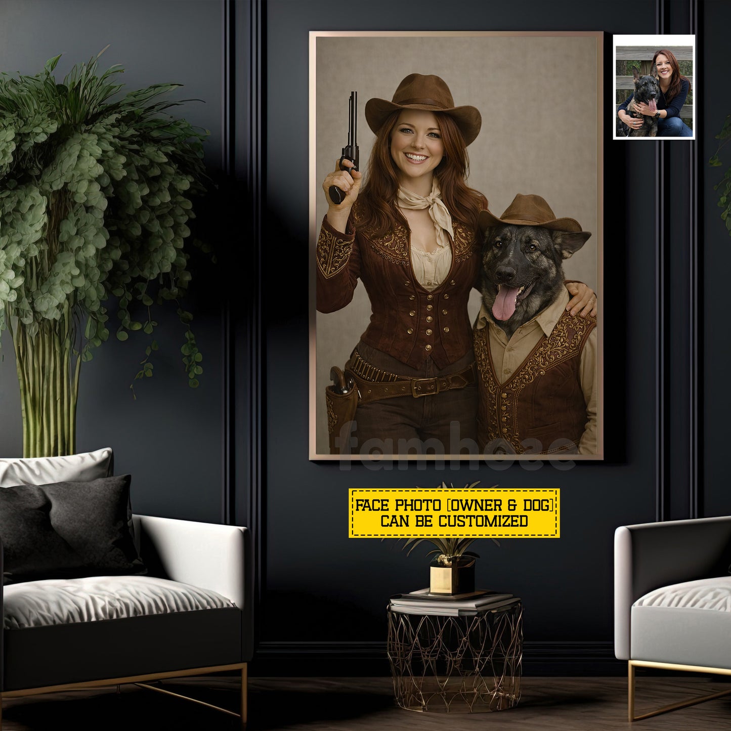 Personalized Cowgirl & Dog Canvas Painting, Western Style Pet Portrait Wall Art Decor, Poster Gift For Cowgirl, Dog Lovers