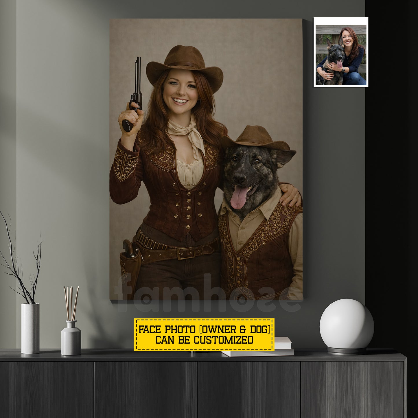 Personalized Cowgirl & Dog Canvas Painting, Western Style Pet Portrait Wall Art Decor, Poster Gift For Cowgirl, Dog Lovers