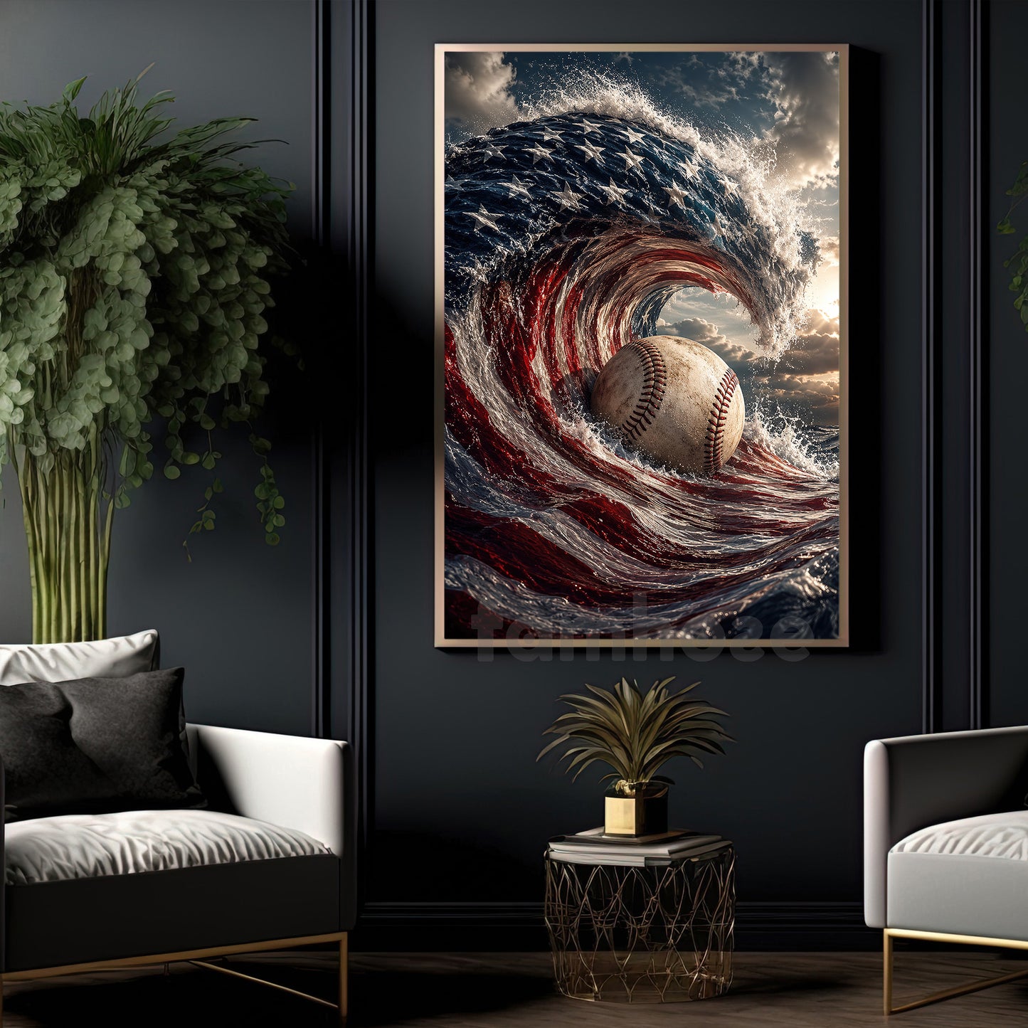 July 4th Baseball Canvas Painting, American Flag Baseball Wave Sport Wall Art Decor, Poster Independence Day Gift For Baseball Lover