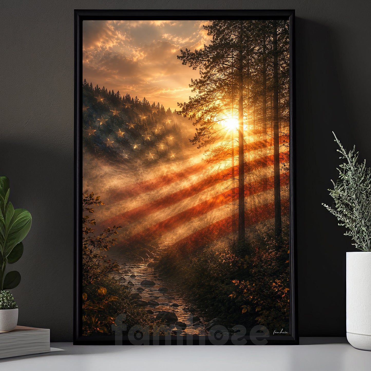 July 4th Canvas Painting, American Flag Forest Sunrise Wall Art Decor, Poster Independence Day Gift For American Lover