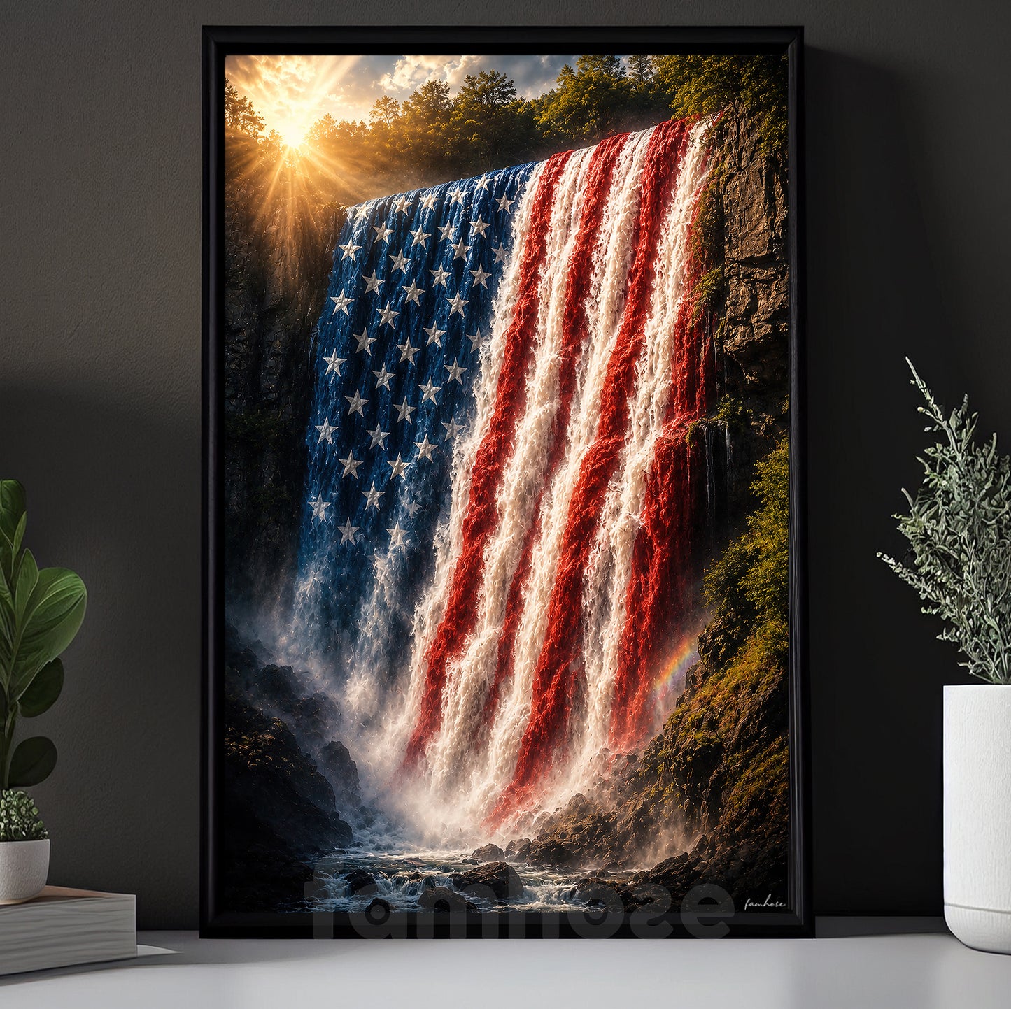 July 4th Canvas Painting, American Flag Waterfall Wall Art Decor, Poster Independence Day Gift For American Lover
