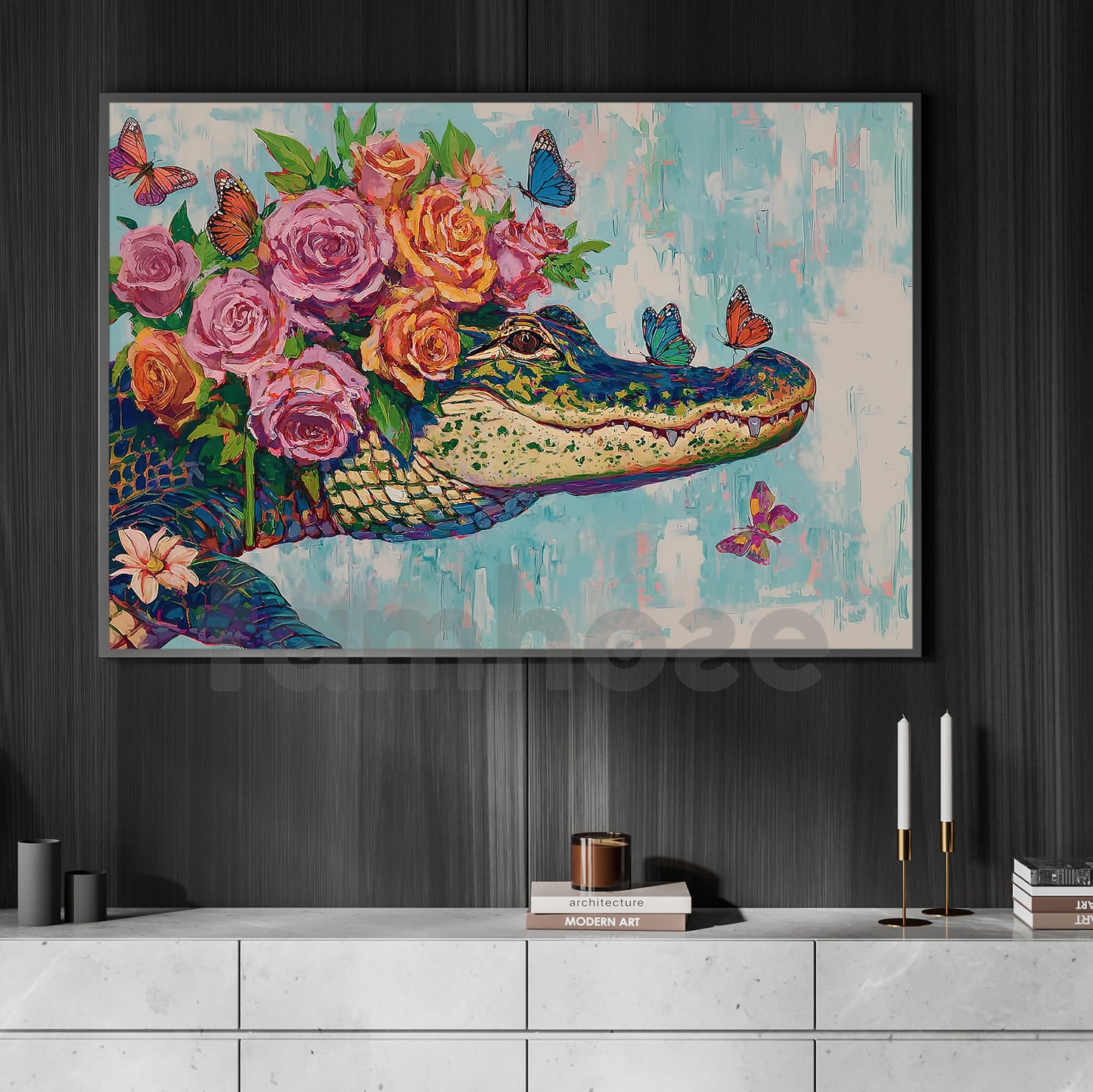 Floral Alligator Canvas Painting, Tropical Gator Wall Art Decor, Poster Gift For Crocodile Lovers