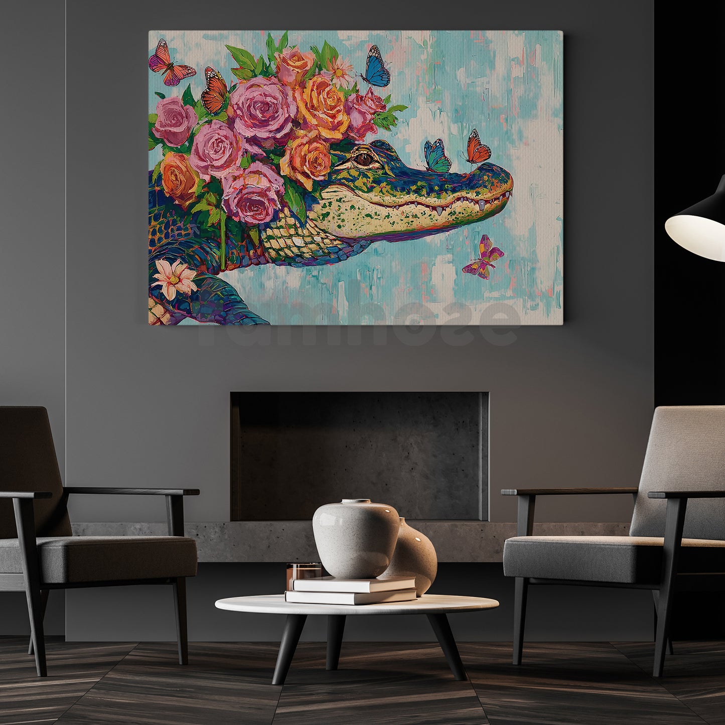 Floral Alligator Canvas Painting, Tropical Gator Wall Art Decor, Poster Gift For Crocodile Lovers