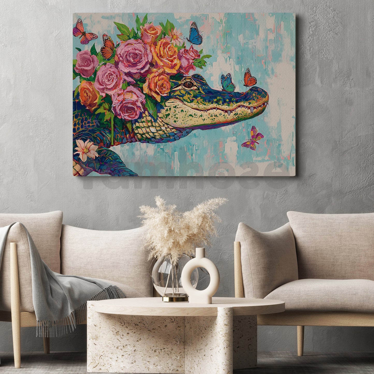 Floral Alligator Canvas Painting, Tropical Gator Wall Art Decor, Poster Gift For Crocodile Lovers