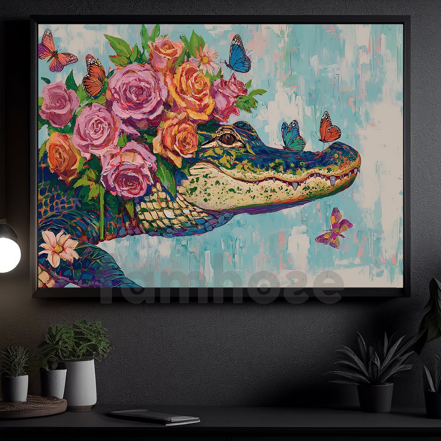 Floral Alligator Canvas Painting, Tropical Gator Wall Art Decor, Poster Gift For Crocodile Lovers