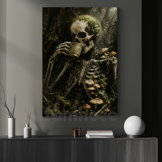 Vintage Skeleton Canvas Painting, In Silence Even Bones Rest Wall Art Decor, Poster Gift For Skeleton Lover