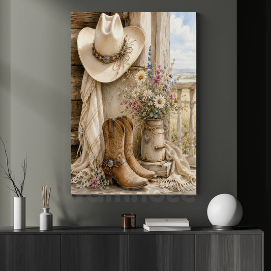 Vintage Cowboy Or Cowgirl Canvas Painting, Boots, Blooms & Country Roads Wall Art Decor, Poster Gift For Cowboys & Cowgirls