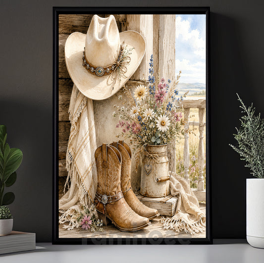 Vintage Cowboy Or Cowgirl Canvas Painting, Boots, Blooms & Country Roads Wall Art Decor, Poster Gift For Cowboys & Cowgirls