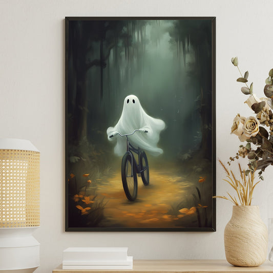 Ghost Riding A Bicycle, Ghost Canvas Painting, Forest Wall Art, Poster Gift For Bicycle Lovers