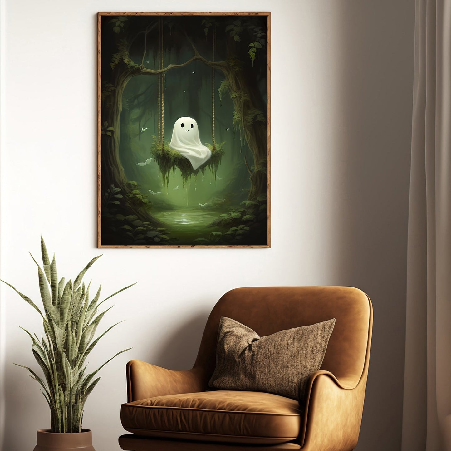 Cute Ghost In Enchanted Woods, Ghost Canvas Painting, Forest Wall Art, Spooky Poster Gift